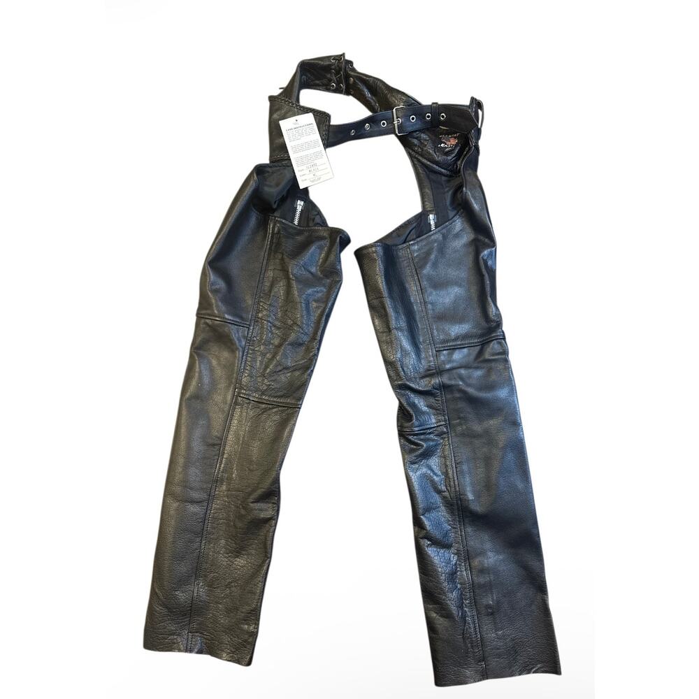 New with Tags: Allstate Leather Black Motorcycle Chaps – Style (AL2402) Size XL
